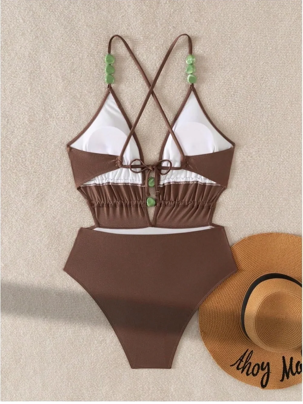 One Piece Swimsuit Criss Cross Backless Beaded Deep V Neck Plunge 1395/bb7-1